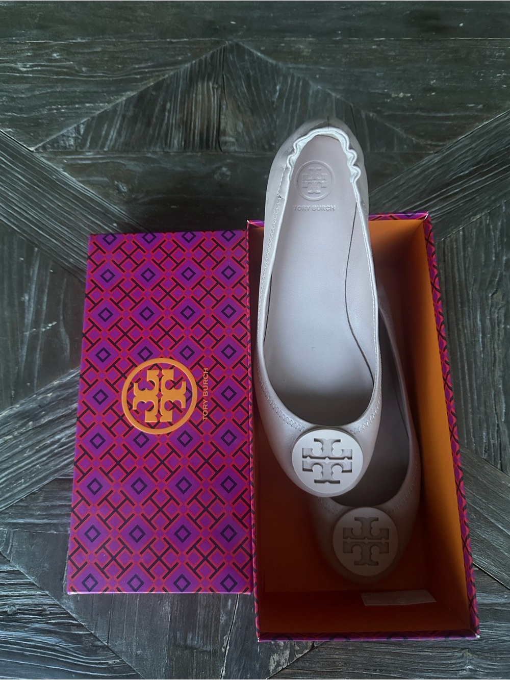 Tory Burch Minnie Travel Blush Leather Logo Ballet Flats Size 8